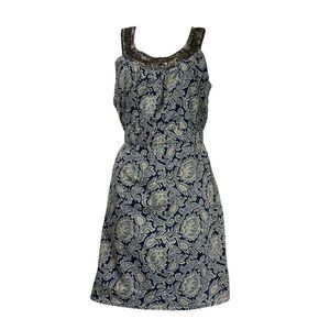 LOFT Blue Paisley Cotton Embellished sequin Sleeveless Shift Dress Size 2P New